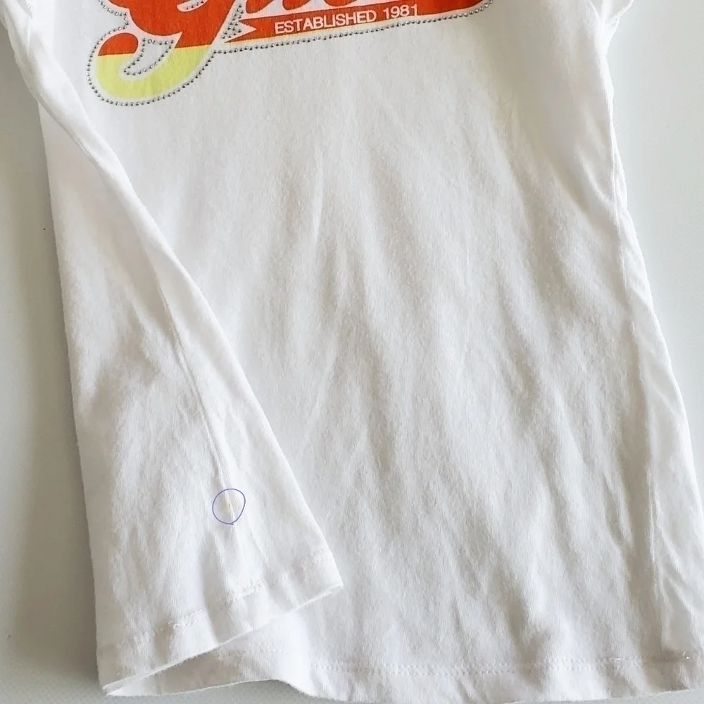 K1040 * Guess Rhinestone Ombre Logo Ruffle Sleeves Tee White Size S (7-8)